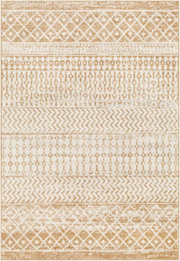 Close-up of the Dong Area Rug. Beige and bone geometric patterns create a farmhouse, transitional style. Design-Rectangle-5376