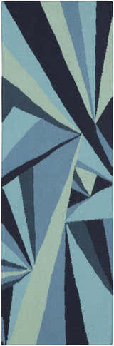 Close-up of the hand woven Dennis Area Rug. Abstract geometric design in aqua, blue, light blue, navy, and sage. 100% wool. Design-Runner-268