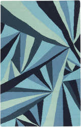 Close-up of the Dennis Area Rug. Hand-woven wool rug with a contemporary geometric pattern in aqua, blue, navy, and sage. Design-Rectangle-58