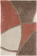Close-up of the hand-tufted Docena Carpet. Contemporary geometric design in beige, rust, and brown polyester. Design-Rectangle-23