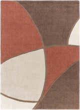 Close-up of the Docena Carpet. Contemporary design in beige, dark brown, medium brown, rust, and gray polyester. Hand-tufted texture. Design-Rectangle-811