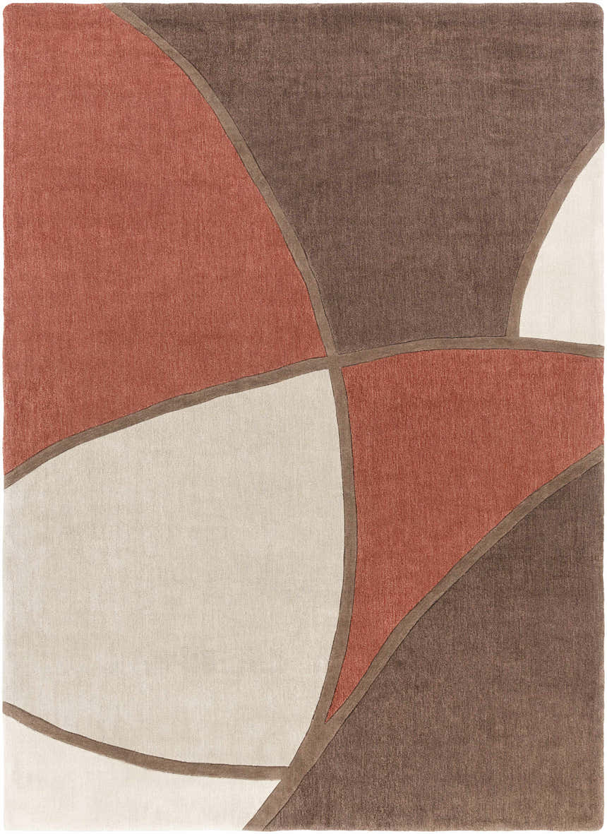 Close-up of the Docena Carpet. Contemporary design in beige, dark brown, medium brown, rust, and gray polyester. Hand-tufted texture. Design-Rectangle-811