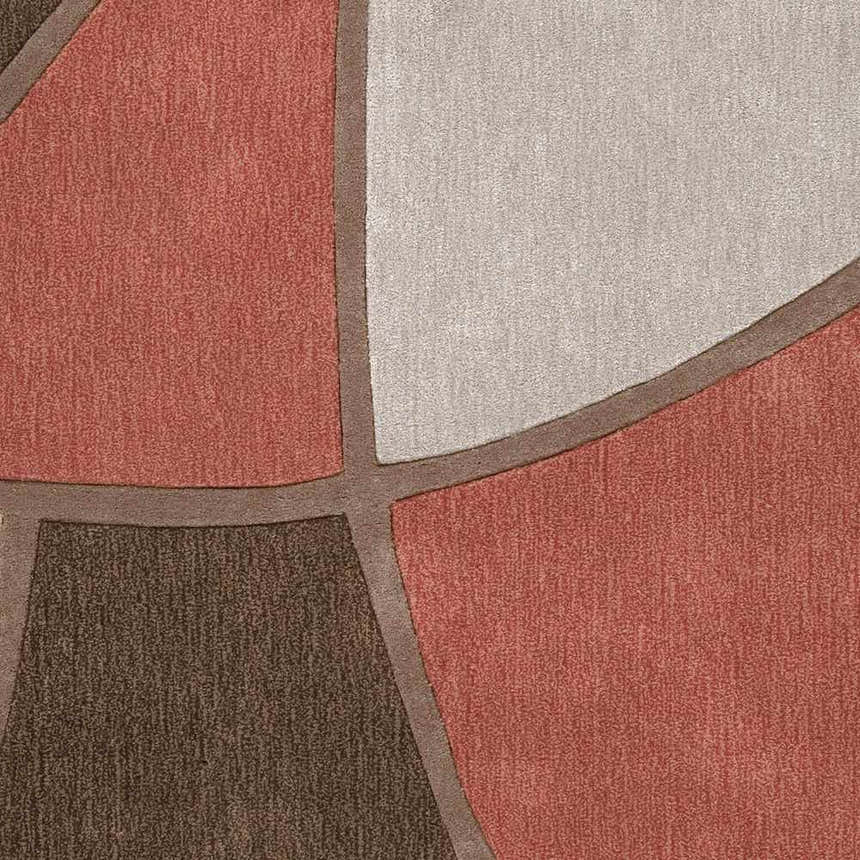 Close-up of the Docena Carpet, a contemporary rug with beige, brown, gray, and rust geometric shapes. Hand-tufted polyester texture. Swatch