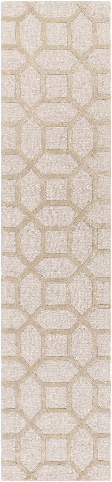 Close-up of the Dodgertown Area Rug. Beige and ivory wool rug with a geometric trellis pattern. Hand-tufted texture. Design-Runner-310