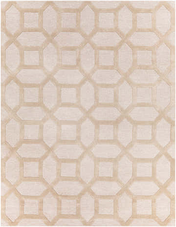 Close-up of the Dodgertown Area Rug. Beige and ivory wool rug with a geometric octagon and square pattern. Design-Rectangle-7696