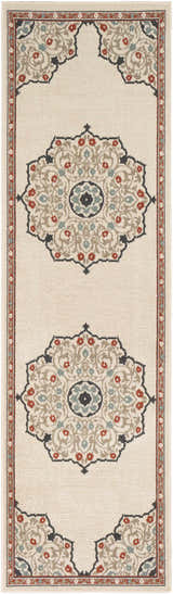 Close-up of a Dolomite Carpet runner. Beige rug with traditional black, brown, rust, and sage floral medallions. Design-Runner-2379