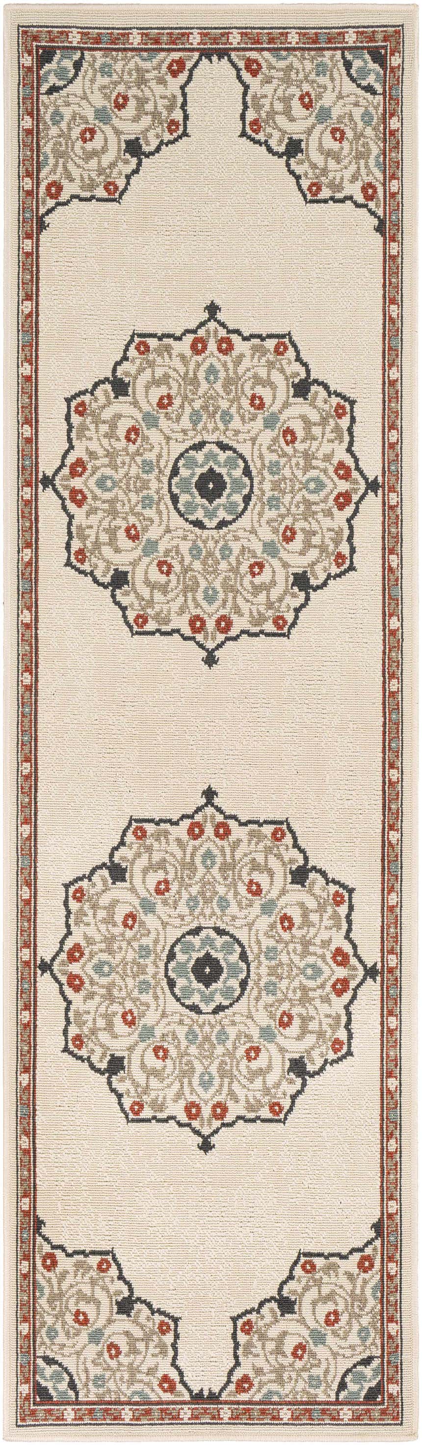 Close-up of a Dolomite Carpet runner. Beige rug with traditional black, brown, rust, and sage floral medallions. Design-Runner-2379