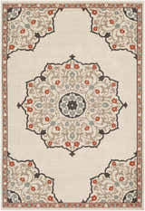 Close-up of the Dolomite Carpet, a beige rug with traditional floral medallion patterns in rust, brown, sage, and black. Design-Rectangle-5376