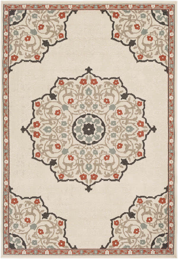 Close-up of the Dolomite Carpet, a beige rug with traditional floral medallion patterns in rust, brown, sage, and black. Design-Rectangle-5376