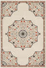 Close-up of the Dolomite Carpet, a beige rug with traditional floral medallion patterns in rust, brown, sage, and black. Design-Rectangle-5376