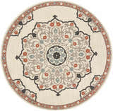 Close-up of a round Dolomite Carpet. Beige rug with a traditional floral medallion design in black, brown, rust, and sage. Design-Round-73