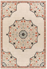 Close-up of the Dolomite Carpet. Beige rug with traditional floral pattern in rust, black, brown, and sage. Design-Rectangle-76109