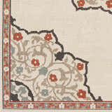 Close-up of Dolomite Carpet showing beige background, floral pattern with rust, sage, brown and black accents. Swatch