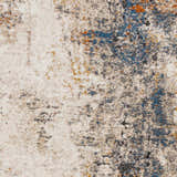 Close-up of Donar Thick Luxe Rug. Abstract pattern in beachhouse, blue, gray, and orange tones. Soft, textured weave. Swatch