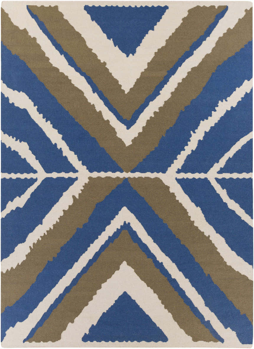 Close-up of the Doncaster Area Rug. Hand-woven wool rug with charcoal, dark blue, and light beige geometric pattern. Design-Rectangle-811