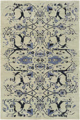 Hand knotted Doraville Area Carpet in black, blue, and seafoam featuring a traditional floral and geometric pattern. Design-Rectangle