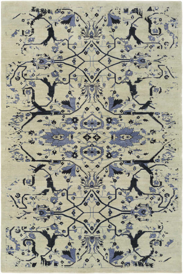Hand knotted Doraville Area Carpet in black, blue, and seafoam featuring a traditional floral and geometric pattern. Design-Rectangle