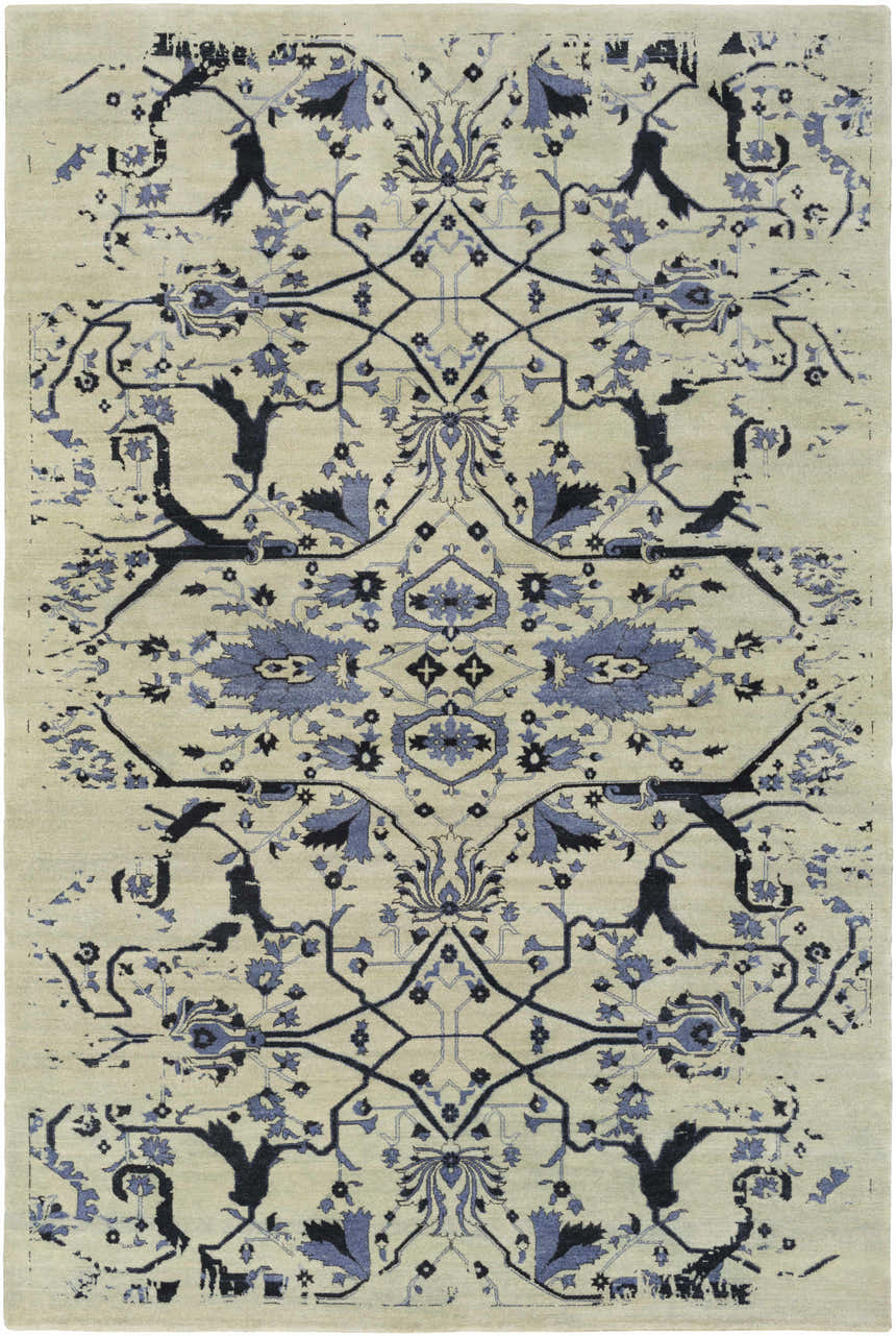 Hand knotted Doraville Area Carpet in black, blue, and seafoam featuring a traditional floral and geometric pattern. Design-Rectangle