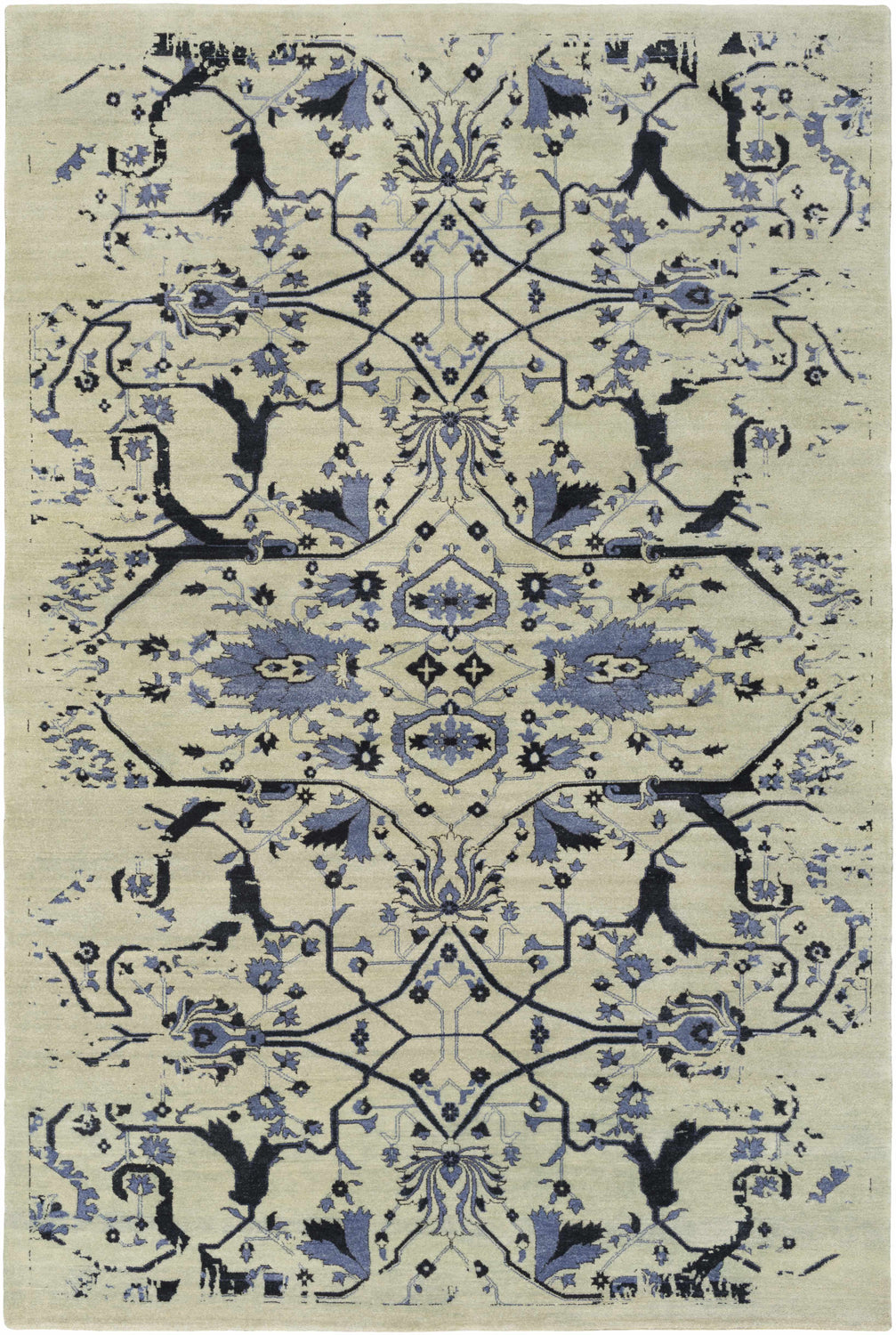 Hand knotted Doraville Area Carpet in black, blue, and seafoam featuring a traditional floral and geometric pattern. Design-Rectangle