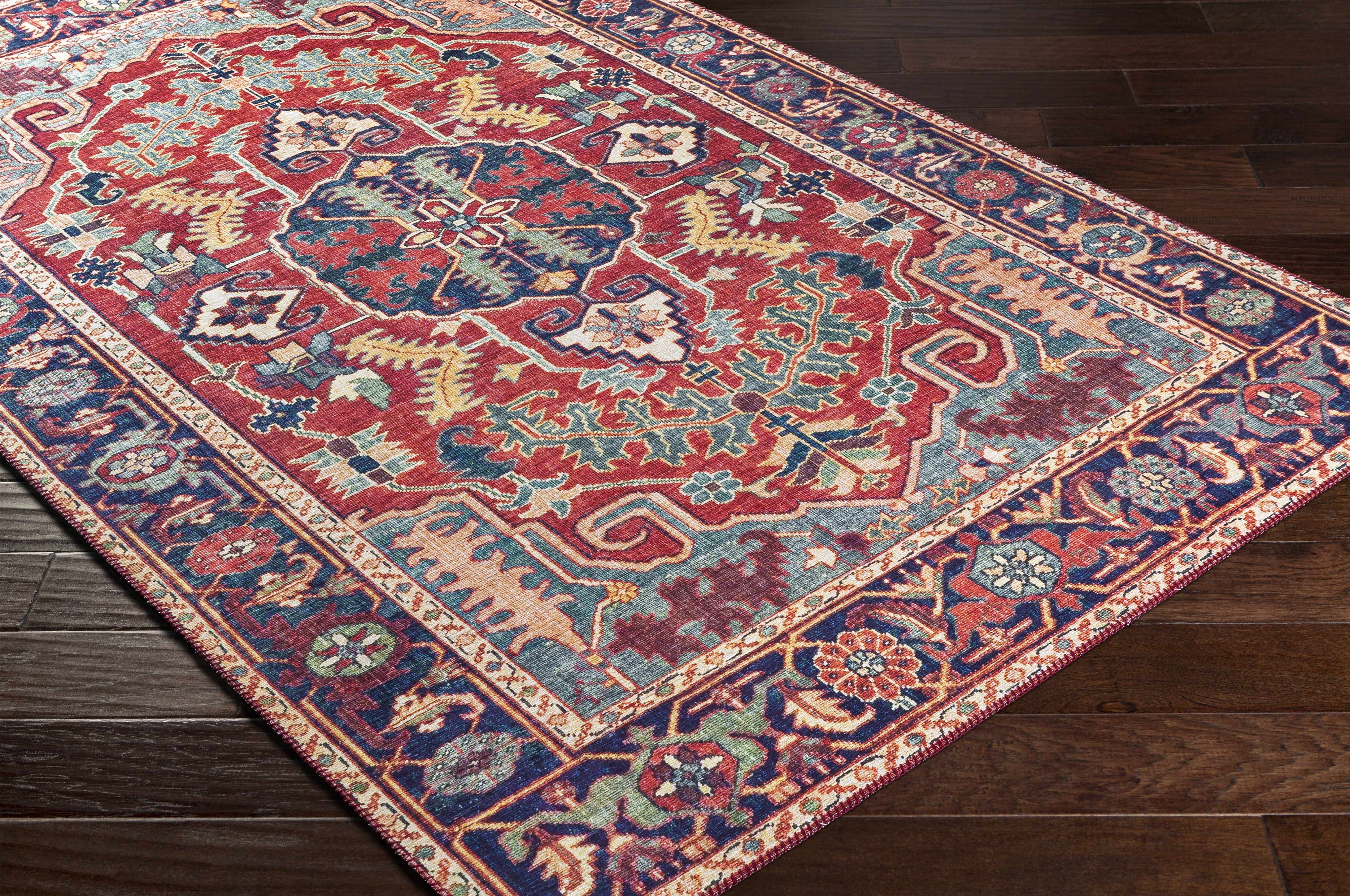 Zoomed-in view of the edge of Dorcas Red Performance Rug, focusing on border details and craftsmanship. Traditional Area Rug Backing Canvas 