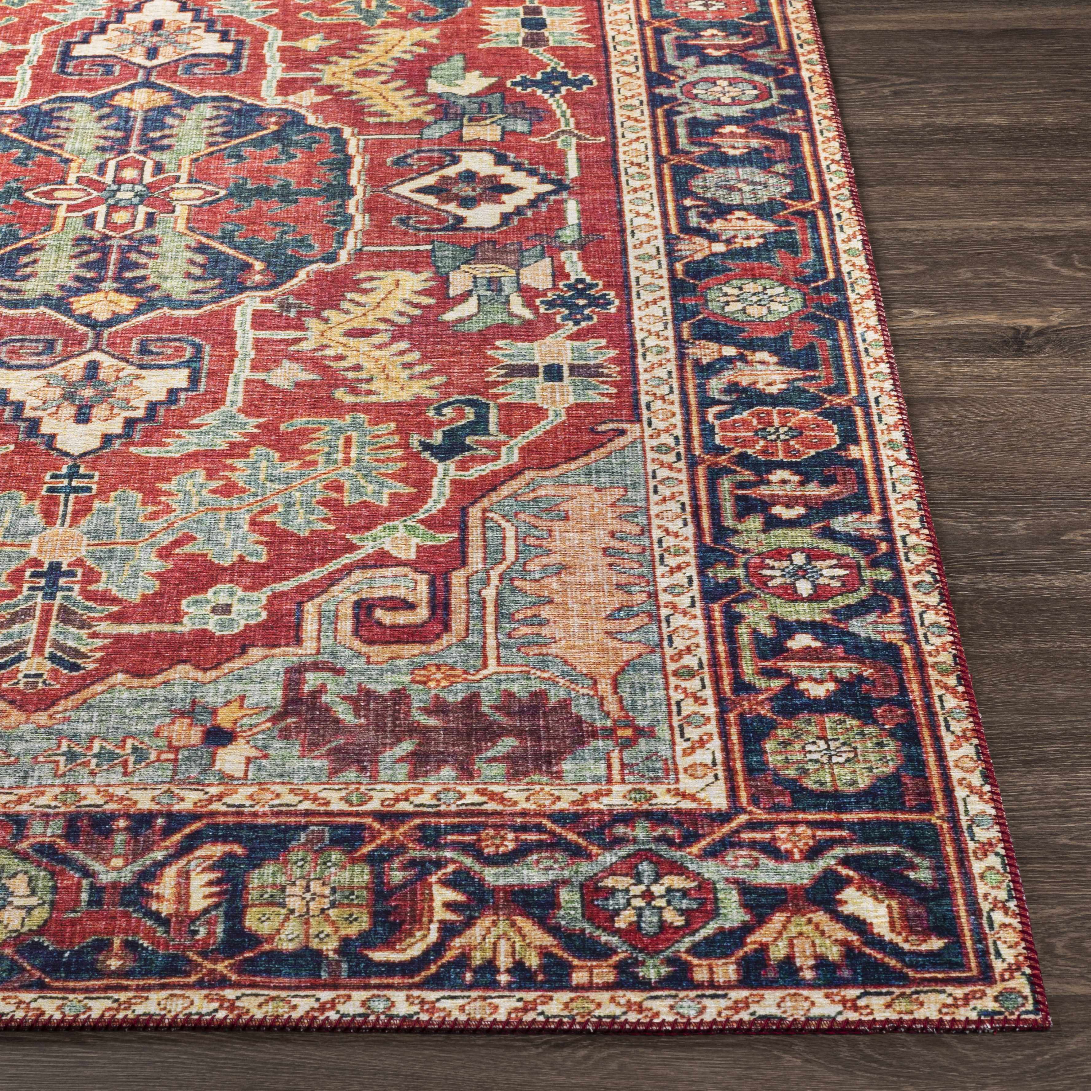 Straight-on shot of Dorcas Red Performance Rug, providing a full look at the design. Traditional Area Rug Backing Canvas 