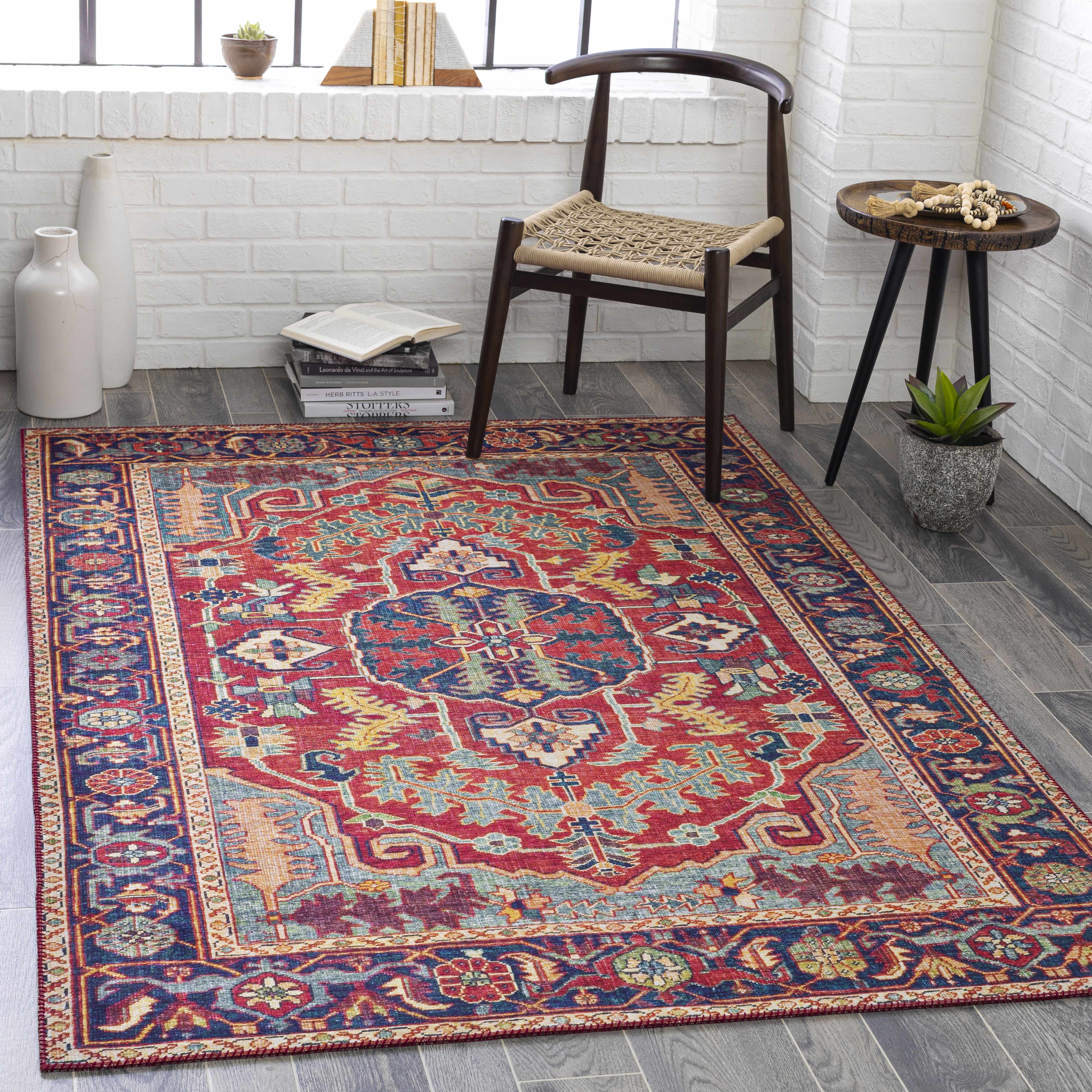 Dorcas Red Performance Rug placed in a styled room setting, harmonizing with surrounding room decor. Traditional Area Rug Backing Canvas 