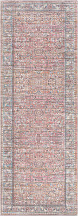 Detailed view of the Dormont Washable Area Rug in coral, cream, and denim with a traditional floral pattern. Design-Runner-2773