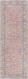 Detailed view of the Dormont Washable Area Rug in coral, cream, and denim with a traditional floral pattern. Design-Runner-2773