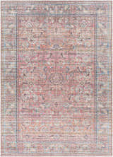 Close-up of the Dormont Washable Area Rug. Features a traditional, floral pattern in coral, pink, blue, and cream hues. Design-Rectangle-5373