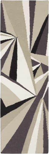 Close-up of the Dorset Area Carpet, a hand-woven wool rug with a contemporary geometric design in black, gray, beige, and white. Design-Runner-268