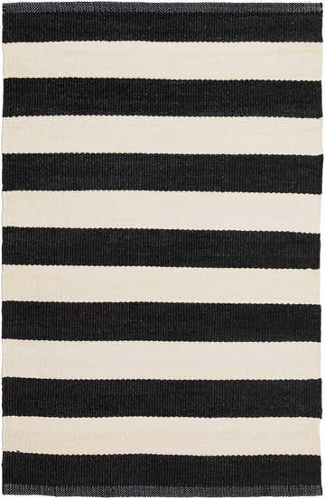 Close-up of the Douds Area Rug. Hand-woven, 100% PVC rug with a contemporary black and cream striped design. Design-Rectangle-23
