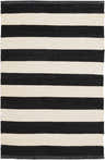 Close-up of the Douds Area Rug. Hand-woven, 100% PVC rug with a contemporary black and cream striped design. Design-Rectangle-23