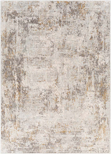 Close-up of the Dowell Luxe Textured Area Rug. Abstract pattern in shades of gray, brown, off-white, and mustard. Machine woven polyester. Design-Rectangle-573