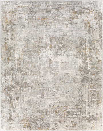 Close-up of the Dowell Luxe Textured Area Rug featuring a distressed abstract pattern in gray, off-white, and mustard tones. Design-Rectangle-71010
