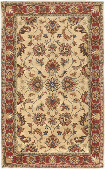 Close-up of the Cherryfield Hand Tufted Brown & Rust 1001 Wool Rug. Features a traditional floral pattern with brick red and brown tones. Design-Rectangle-58