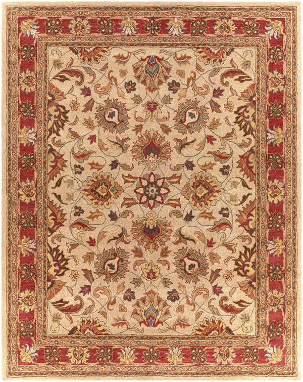 Detailed floral pattern of the Cherryfield Hand Tufted Brown & Rust 1001 Wool Rug. Colors include brick red, brown, and tan. Design-Rectangle-7696