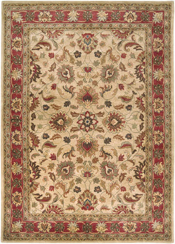 Detailed floral pattern of the Cherryfield Hand Tufted Brown & Rust 1001 Wool Rug. Traditional design in brick red, brown, and tan. Design-Rectangle-811
