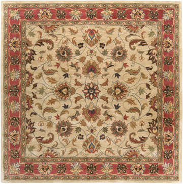 Detailed floral pattern of the Cherryfield Hand Tufted Brown & Rust 1001 Wool Rug. Colors include brick red, brown, and tan. Design-Square-8