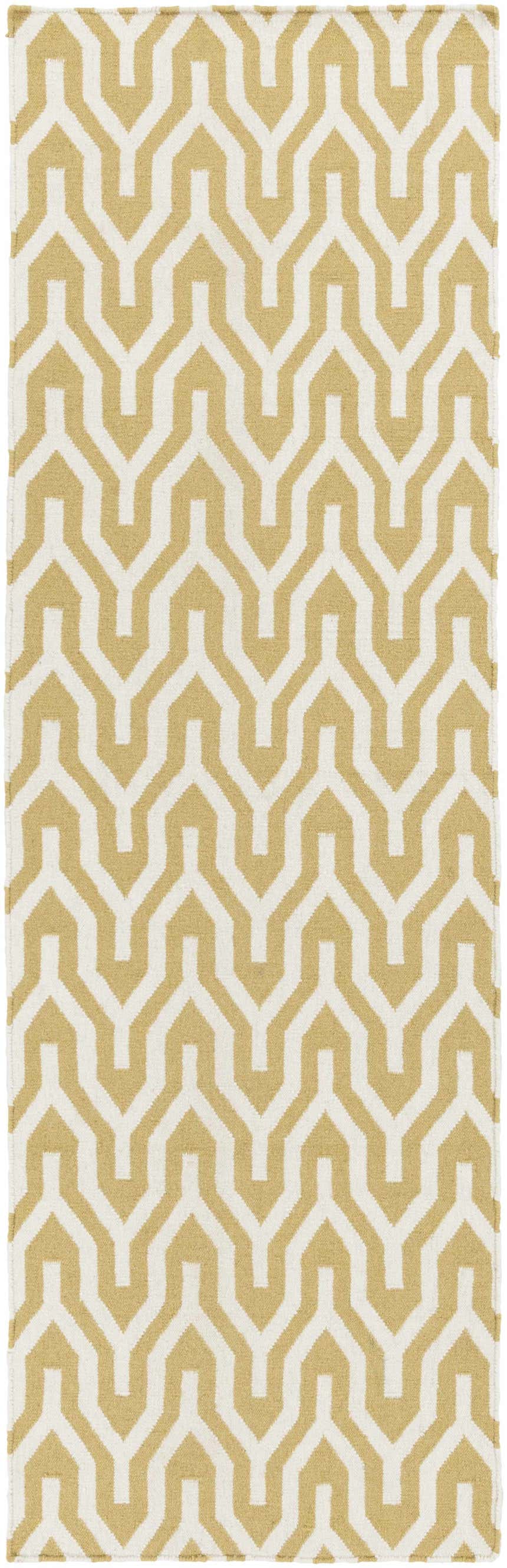 Close-up of the hand woven Drewryville Area Carpet. Light gray and tan geometric pattern on 100% wool. Design-Runner-268