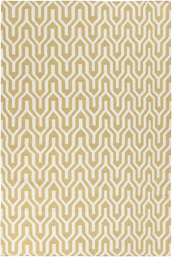 Close-up of the Drewryville Area Carpet. Tan and light gray geometric pattern, hand woven wool rug. Design-Rectangle-58