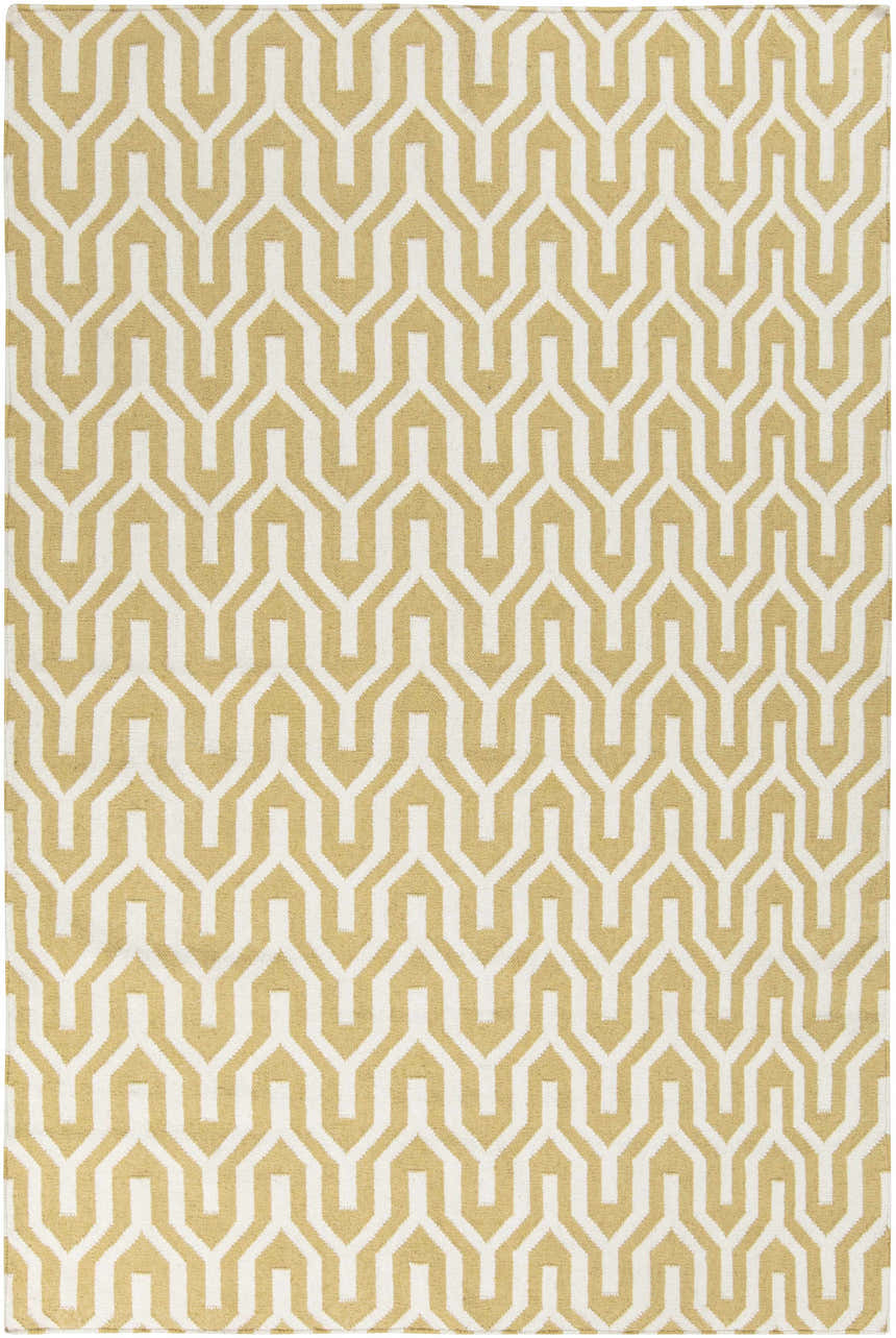 Close-up of the Drewryville Area Carpet. Tan and light gray geometric pattern, hand woven wool rug. Design-Rectangle-58