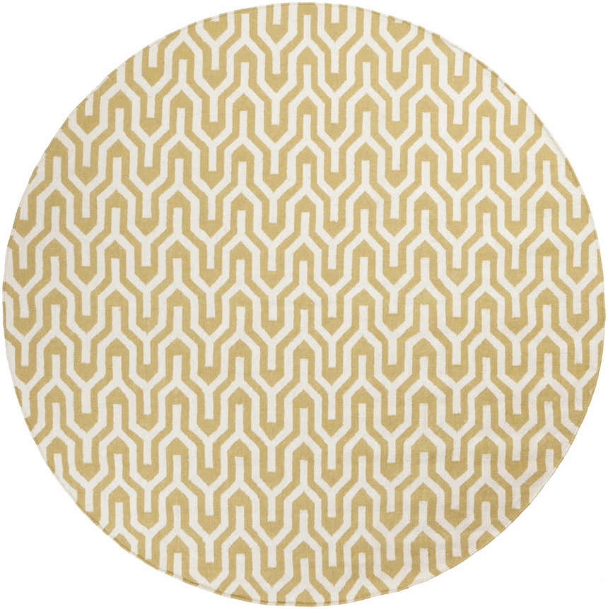 Round Drewryville Area Carpet in light gray and tan wool with a geometric, maze-like pattern. Design-Round