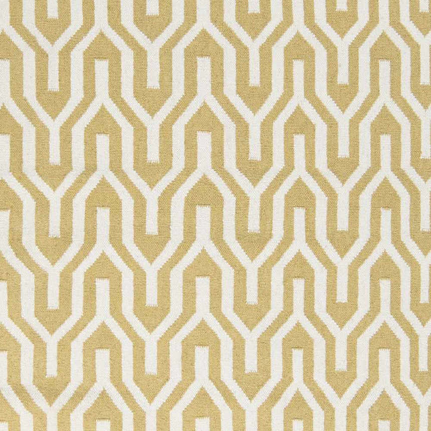 Close-up of the Drewryville Area Carpet. Tan and light gray geometric pattern. Hand woven wool texture. Swatch
