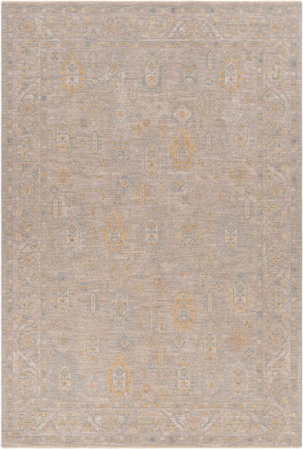 Drika Thick Luxe Area Rug with a traditional taupe, mustard and blue pattern. Machine woven polyester rug. Design-Rectangle-6796