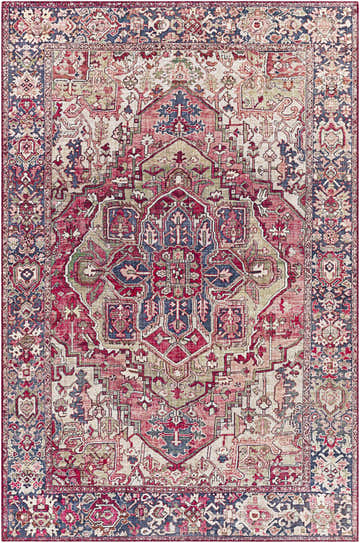 Detailed view of the Neyland Iris Blush Area Rug. Features black, blush, cream, and navy in a traditional, oriental pattern. Design-Rectangle-576