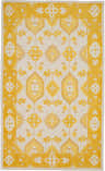 Close-up of the Drytown Area Carpet. Hand-knotted wool rug in mustard, burnt orange, and light beige farmhouse traditional design. Design-Rectangle-5686
