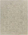 Close-up of the Dubbo Area Rug. Beige, charcoal, and seafoam hand-loomed rug with a traditional bohemian pattern. Design-Rectangle-810