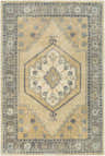 Close-up of the Duckenfield Area Rug. Hand-tufted wool rug with a traditional floral and geometric pattern in beige and gray. Design-Rectangle-576