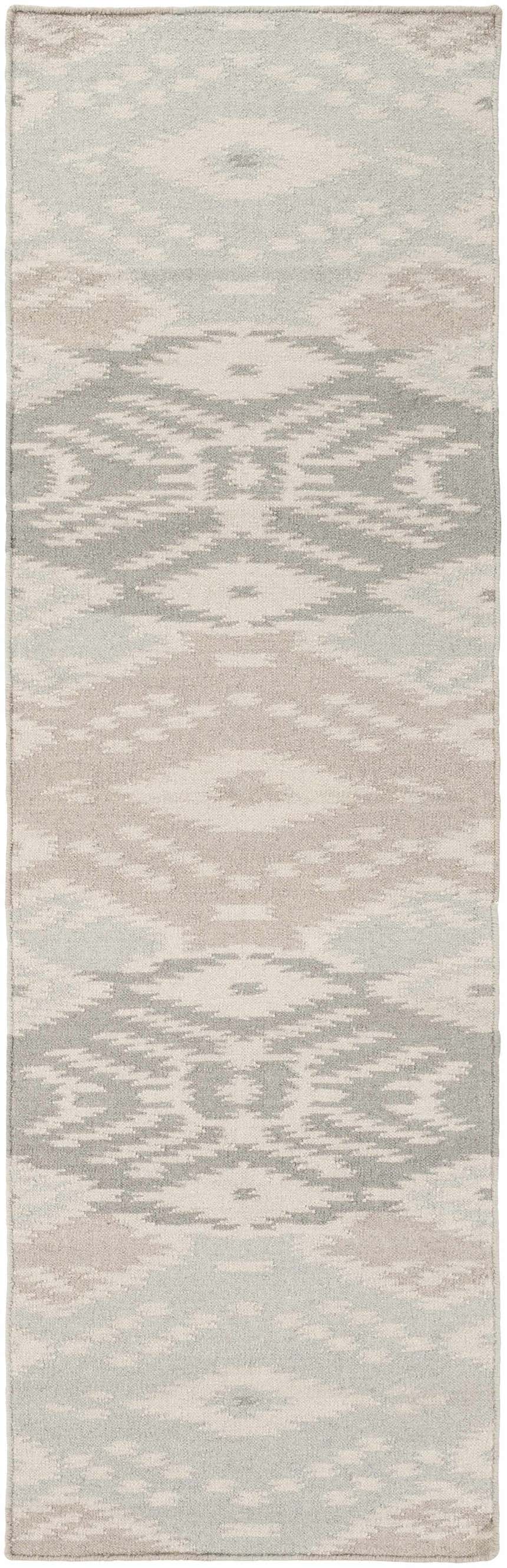 Overhead view of a hand-woven Ducor Area Rug in gray, light gray, and slate blue. Contemporary style. Design-Runner-268