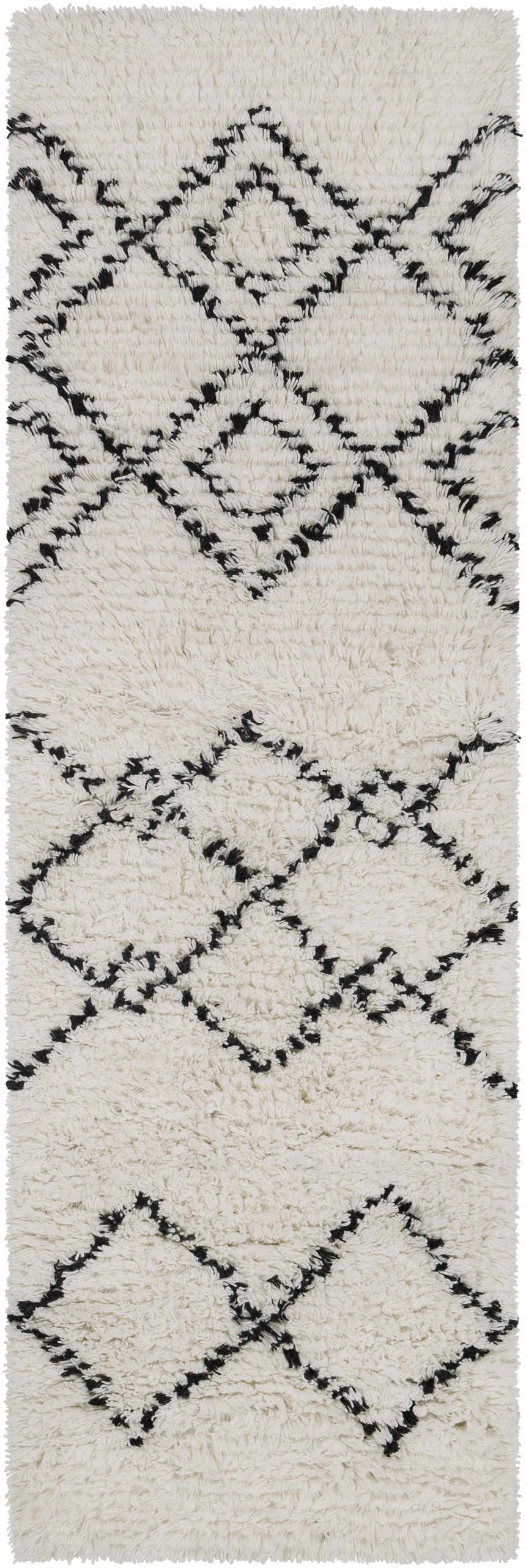Close-up of the Dukedom Area Rug. Ivory shag rug with black geometric diamond pattern, hand woven wool texture. Design-Runner-268